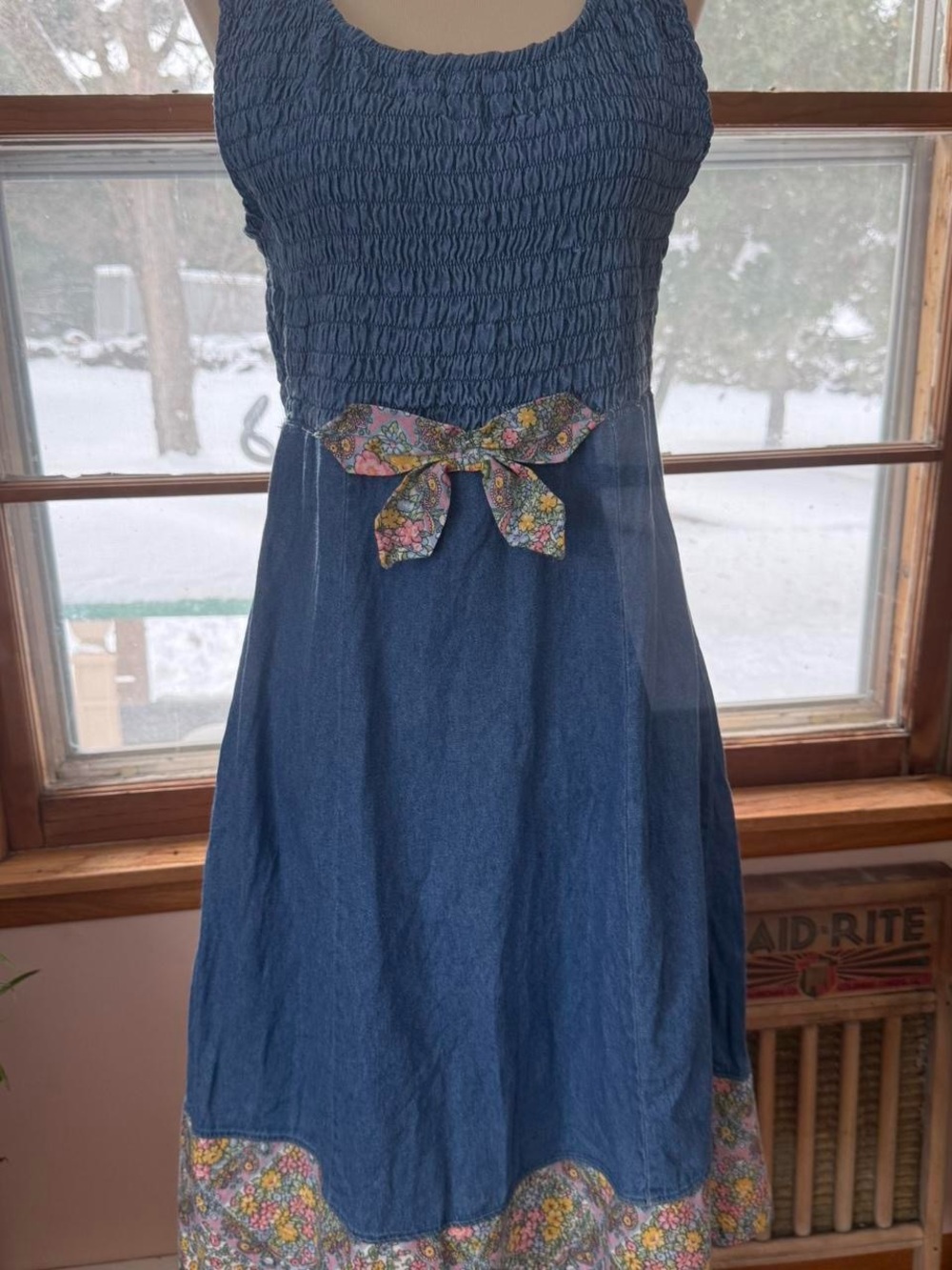 Vintage 70s denim dress with shirred bust and cute floral trims mid length boho